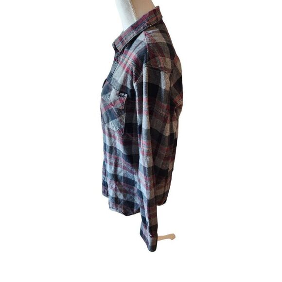 Vintage Y2K Fox Button Up Flannel Shirt L Long Sleeve Red Gray Black Plaid - Picture 3 of 5